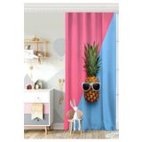 RealHomes Tek Kanat Mavi Pembe Ananas Desenli Modern Bebek Odası Fon Perde