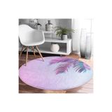 RealHomes Toz Mavisi Zemin Tropik Yaprak Tasarımlı Modern Pembe Salon Yıkanabilir Kaymaz Taban Yuvarlak Halı HaliYuv-Comfort-5520, 120 x 120