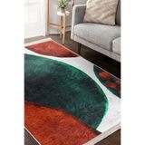 RealHomes Turkuaz Lacivert Zemin Guaj Boya Motifli Tablo Desenli Bohem Oturma Odası Kaymaz Taban Saçaklı Halı HaliDik-Deluxe-12340, 150 x 300