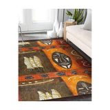 RealHomes Turuncu Kahverengi Zeminde Mask Motifli Afrika Desenli Etnik Motifler Bohem Ofis Saçaklı Halı HaliDik-Deluxe-12194, 80 x 200