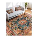 RealHomes Turuncu Zemin Uşak Motifli Geleneksel Desenli Avangarde Etnik Motifler Salon Kaymaz Saçaklı Halı HaliDik-Deluxe-12097, 150 x 150