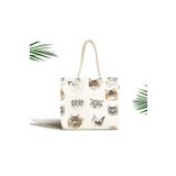 RealHomes Unisex Bej Kedi Desenli Fermuarlı Plaj Çantası, Canta-5651