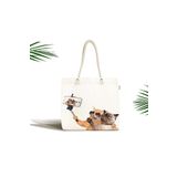 Realhomes Unisex Ekru Selfie Çekinen Köpekli Kedi Modern Fermuarlı Plaj Çantası Canta-5634