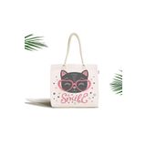 RealHomes Unisex Kalpli Gözlüklü Smile Kedicik Dijital Baskılı Fermuarlı Plaj Çantası, Canta-5691