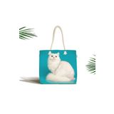 RealHomes Unisex Mavi Zeminde Beyaz Kedi Desenli Modern Fermuarlı Plaj Çantası, Canta-5678