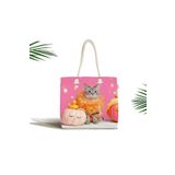 RealHomes Unisex Pembe Bal Kabakları Arasında Sevimli Kedi Modern Fermuarlı Plaj Çantası, Canta-5727