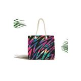 RealHomes Unisex Siyah Zemin Üzerinde Neon Zigzag Desenli Modern Fermuarlı Plaj Çantası, Canta-5525