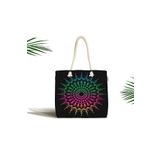 RealHomes Unisex Siyah Zeminde Pembe Yeşil Mandala Motifli Fermuarlı Plaj Çantası, Canta-5144