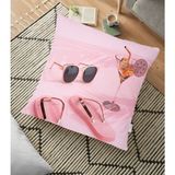 RealHomes YER-3016 Pembe Zeminli Yaz Objeleri Temalı Dekoratif 70x70 cm Yer Minderi