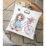 RealHomes YER-3465 Lets Go Travel Bisikletli Kız Tasarımlı Dekoratif 70x70 cm Yer Minderi