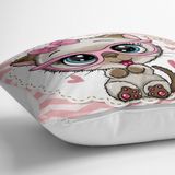 RealHomes YER-3477 Pembe Zeminli Sevimli Kedicik Desenli Dekoratif 70x70 cm Yer Minderi