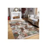 RealHomes Yeşil - Kremit Zeminde Etnik Motifli Kilim Desenli Etnik Motifler Salon Kaymaz Taban Saçaklı Halı HaliDik-Deluxe-11825, 80 x 150