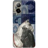 Realme 12 Lite Uyumlu Mavi Kilim Desenli Siyah ve Beyaz At Baskılı Silikon Kılıf