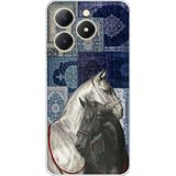 Realme C61 Uyumlu Mavi Kilim Desenli Siyah ve Beyaz At Baskılı Silikon Kılıf