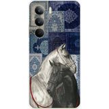 Realme C75 Uyumlu Mavi Kilim Desenli Siyah ve Beyaz At Baskılı Silikon Kılıf