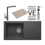 Realstone P011 Assos 86 Xl Granit Eviye & Vesta Batarya Seti (+ Bambu Tahta Ve Sabunluk Hediyeli) - Antrasit