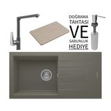 Realstone P011 Assos 86 Xl Granit Eviye & Vesta Batarya Seti (+ Bambu Tahta Ve Sabunluk Hediyeli) - Gri