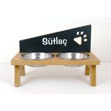 RealWood Ahşap Çelik Kâseli Özel Isim Baskılı Kedi-Köpek Mama ve Su Kabı-2*350 ml. - Antrasit - Meşe