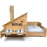 RealWood Ahşap, Çelik Mama Kaplı, Tırmalama Çubuklu Açık-Kapalı Kedi ve Köpek Evi 4 In 1