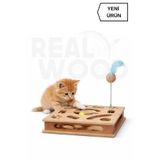 RealWood Ahşap Kare Kedi Oyuncağı - 30cm x 30cm - Çıngıraklı Toplu - (Yaylı Top Eklenmiştir)