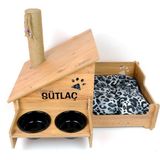 RealWood Ahşap Özel isimli Seramik Kaseli Tırmalama Çubuklu Açık Kapalı Kedi ve Köpek Evi 4 In 1 - Siyah