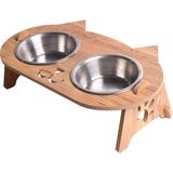RealWood Kedi Su ve Mama Kabı Standı (8 mm Mdf)( Eğimli Kedi Modeli )(Çelik Kase - 2*350ml) - Ahşap