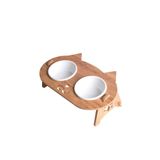 RealWood Kedi Su Ve Mama Kabı Standı - Ahşap Mdf - Eğimli Kedi Kafa Modeli-2'li-seramik Beyaz Kase-2*400ml
