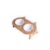 Realwood Kedi Su Ve Mama Kabı Standı - Ahşap Mdf - Eğimli Kedi Kafa Modeli-2'Li-Seramik Beyaz Kase-2X400ml