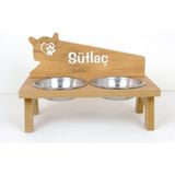 RealWood Özel İsim Baskılı Ahşap Çelik Kaseli Kedi-Köpek Mama ve Su Kabı Stantı/Beyaz-2*350 ml. - Kahverengi