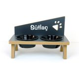 RealWood Özel İsimli Seramik Kaseli Kedi-Köpek Mama ve Su Kabı Stantı / Siyah-2*400 ml. - Antrasit