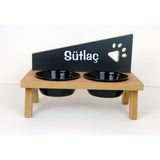 RealWood Özel Isimli Seramik Kaseli Kedi-Köpek Mama ve Su Kabı Stantı / Siyah-2*400 ml. - Atlantik Çam - Antrasit