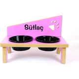RealWood Özel Isimli Seramik Kaseli Kedi-Köpek Mama ve Su Kabı Stantı / Siyah-2*400 ml. - Pembe