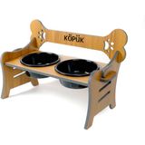 RealWood Suya Dayanıklı Ahşap Özel Isim Baskılı Seramik Kaseli Kademeli Köpek Mama ve Su Kabı Stantı - Siyah - Beyaz