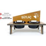 RealWood Suya Dayanıklı Ahşap Seramik Kaseli Özel Isim Baskılı Kedi - Köpek Mama ve Su Kabı Stantı 700 ml - Siyah - Beyaz