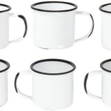 Red Co. 6'lı Set Emaye Metal Küçük Klasik 141 ml Yuvarlak Kahve ve Çay Kupası Kulplu, Eskitilmiş Beyaz/Siyah Kenarlı