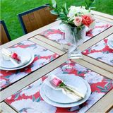 Red - White Rose Kumaş Amerikan Servis 4'lü Set - (Keten Kumaş Ulusl. Yıkama ve Solmama Sertifikası) - 35 x 50 cm - Çok Renkli