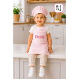 redbuttonkidsstore Kişiye Özel İsimli Kareli Çocuk Mutfak Önlüğü ve Şapka Seti – 0-3 Yaş Aşçı Önlüğü Etkinlik Önlüğü