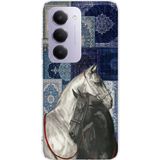Redmi 15 4G Uyumlu Mavi Kilim Desenli Siyah ve Beyaz At Baskılı Silikon Kılıf