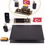 Redora Türk Bayrağı Biblolu Siyah Deri Sümen Seti İsme Özel Ofis Masa İsimliği Masaüstü İsimlik Seti