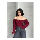 REELMODA KADIN BORDO MADONNNA YAKA BALON KOLLU BELİ LASTİKLİ ESNEK ŞIK KREP BLUZ