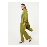 Refka Saten Kumaşlı Asimetrik Kesim Tunik&Pantolon İkili Takım - Yağ Yeşil -