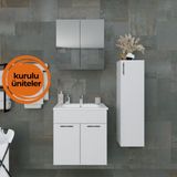 Regnum-L 65 cm Etajerli Lavabolu ve Havlu Dolaplı Banyo Dolabı Takımı Parlak Beyaz MDF Lam