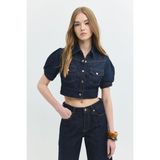 Regular Crop Fit Balon Kol Koyu Indigo Kadın Jean Ceket - Lacivert - XS