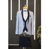 Regular Fit Armürlü Şal Çıkmalı Yaka Yelekli Papyonlu Smokin Takım Elbise BUZ MAVİSİ 50-6 Drop
