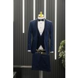 Regular Fit Armürlü Şal Yaka Yelekli Papyonlu Smokin Takım Elbise SAX MAVİSİ 54-6 Drop