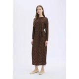 Regular Fit Bisiklet Yaka Desenli Uzun Kollu Bürümcük Maxi Elbise