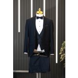Regular Fit Düz Kumaş Şal Yaka (Yaka Çıkmalı) Papyonlu Yelekli Smokin Takım Elbise LACİVERT 56-6 Drop