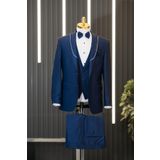 Regular Fit Düz Parlak Kumaş Sivri Yaka (Yaka Çıkmalı) Papyonlu Yelekli Smokin Takım Elbise SAX MAVİSİ 56-6 Drop