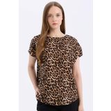 Regular Fit Leopar Desenli Bisiklet Yaka Kısa Kollu Bluz