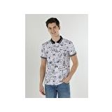 Regular Fit Polo Yaka Baskılı Erkek Beyaz Kısa Kol Tişört